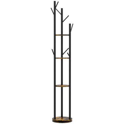 Cuier rotativ de podea cu 8 cârlige și 4 rafturi, stil industrial, Ø30x175cm, maro
