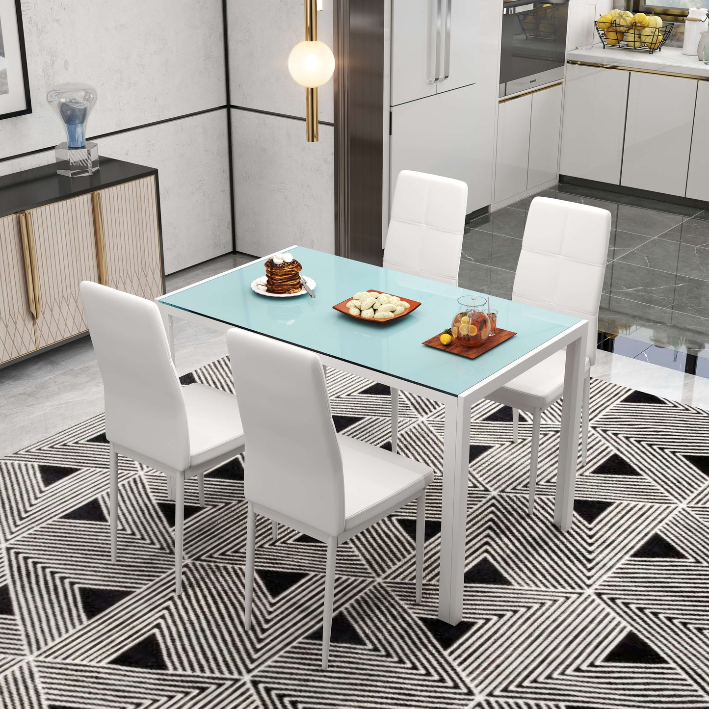 Set Dining Alb Modern – Masa + 4 Scaune Tapitate pentru 4 Persoane