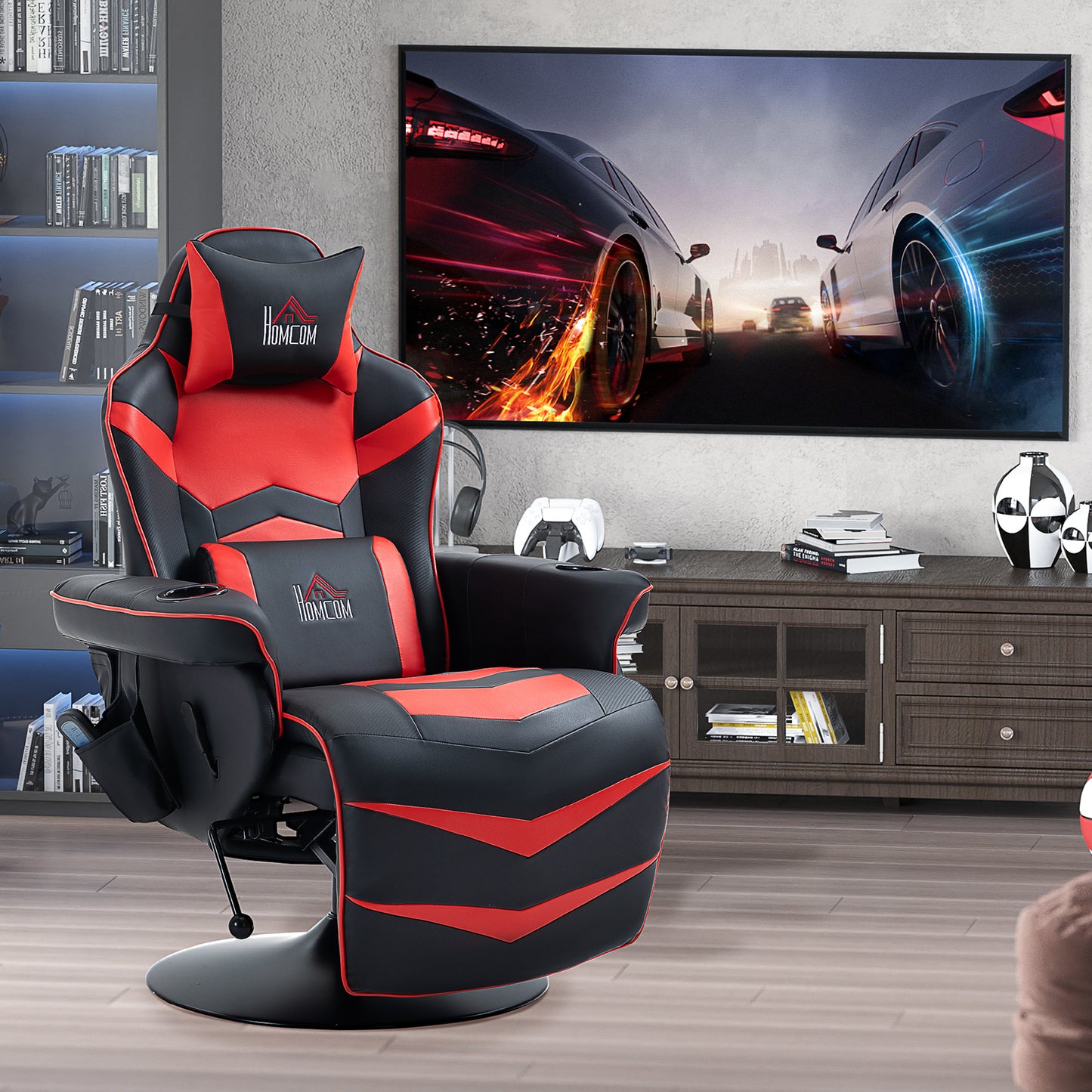 Scaun de Gaming cu Masaj și Suport pentru Picioare, din Piele Ecologică, 78x80x111.5 cm, Negru și Roșu