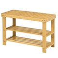 Bancă scaun pentru pantofi joasă din bambus cu 2 rafturi cu șipci și șezut, 70x28x45 cm, Natural