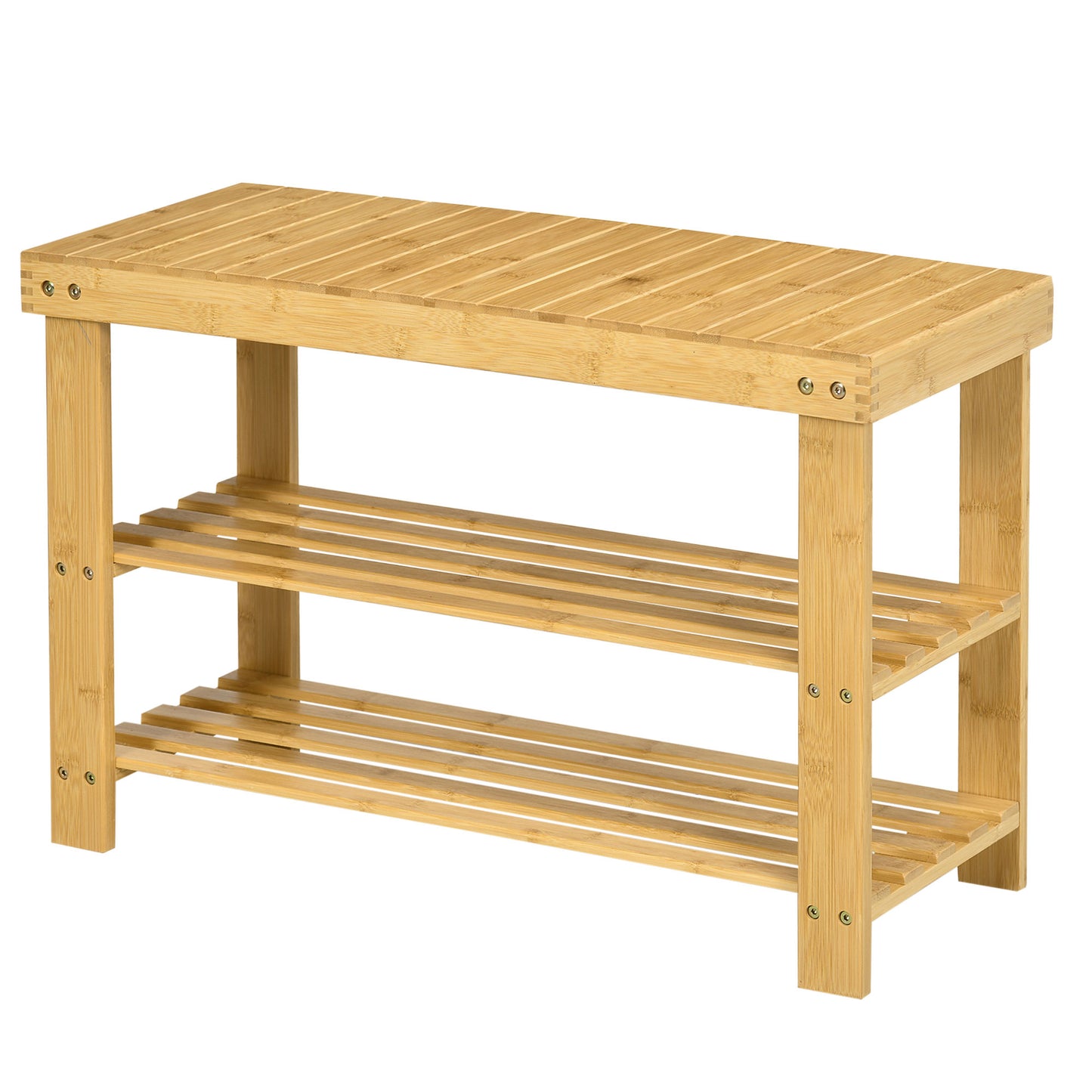 Bancă scaun pentru pantofi joasă din bambus cu 2 rafturi cu șipci și șezut, 70x28x45 cm, Natural