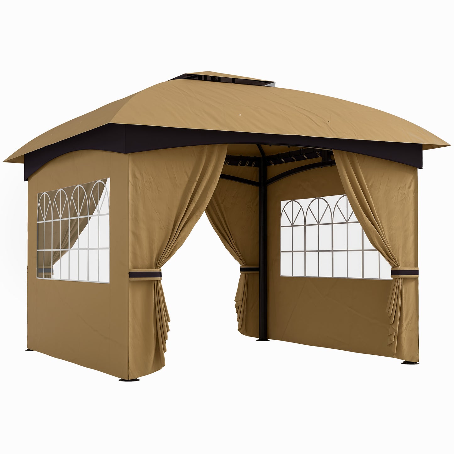 Foișor de Grădină 3.4x3.4m cu Pereți, Protecție UV și Acoperiș pe 2 Niveluri, Bej