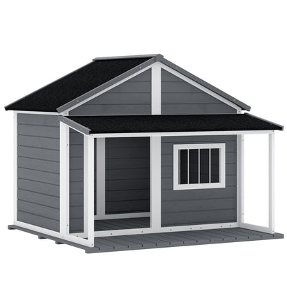 Cușcă pentru câini de exterior cu terasă, fereastră și acoperiș impermeabil, 124x112x105cm, gri