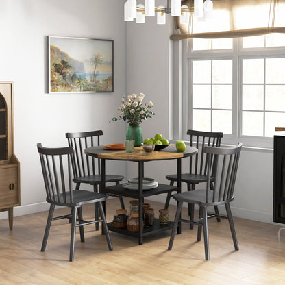 Masă de Dining pentru 4-6 Persoane cu 2 Rafturi Integrate, din Oțel și MDF, Ø100x76 cm, Negru și Maro