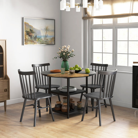 Masă de Dining pentru 4-6 Persoane cu 2 Rafturi Integrate, din Oțel și MDF, Ø100x76 cm, Negru și Maro
