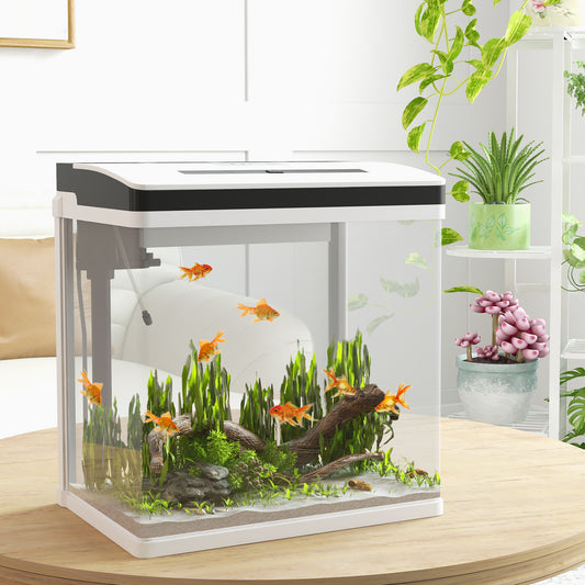 Acvariu de 28L cu Iluminare LED, Orificii de Ventilație și Pompă Silențioasă, 38x26x38 cm, Alb