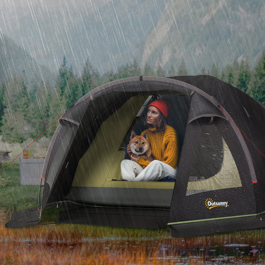 Cort de Camping pentru 2-4 Persoane cu 2 Camere, Ușă, Ferestre și Geantă, 330x190x120 cm, Negru