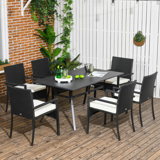 Set Grădină 7 Piese din Ratan PE cu Masă de 150x90x72 cm și 6 Scaune de 58x62x87 cm cu Perne