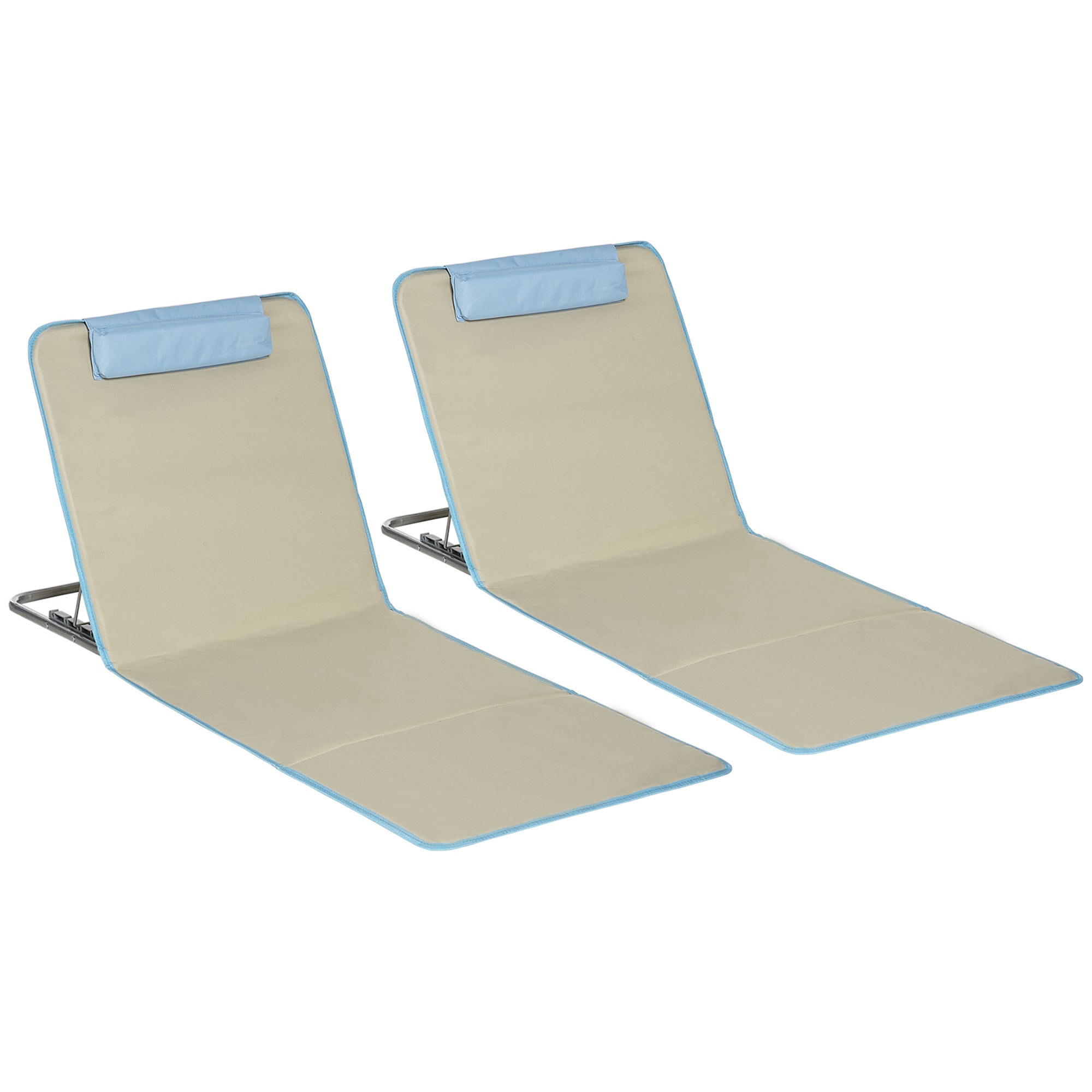 Set 2 Șezlonguri de Plajă Pliabile cu Spătar Reglabil și Tetieră, 53x124x35-45 cm, Bej și Albastru