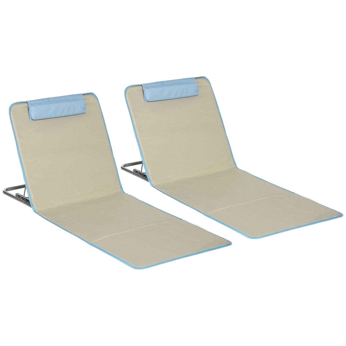 Set 2 Șezlonguri de Plajă Pliabile cu Spătar Reglabil și Tetieră, 53x124x35-45 cm, Bej și Albastru