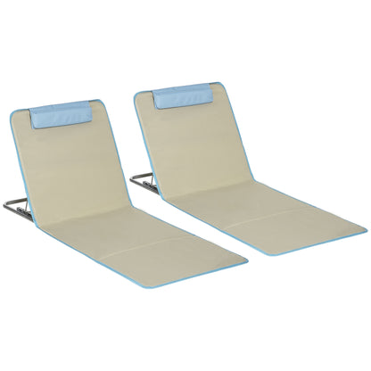 Set 2 Șezlonguri de Plajă Pliabile cu Spătar Reglabil și Tetieră, 53x124x35-45 cm, Bej și Albastru