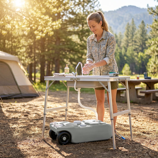 Rezervor pentru Apă de Camping 40L cu Roți și Mâner Reglabil, Tub și Robinet Inclus, Gri