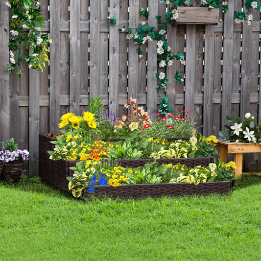 Pat de gradina inaltat cu 3 niveluri din ratan sintetic fara fund pentru plante si legume, 120x120x40cm, gri