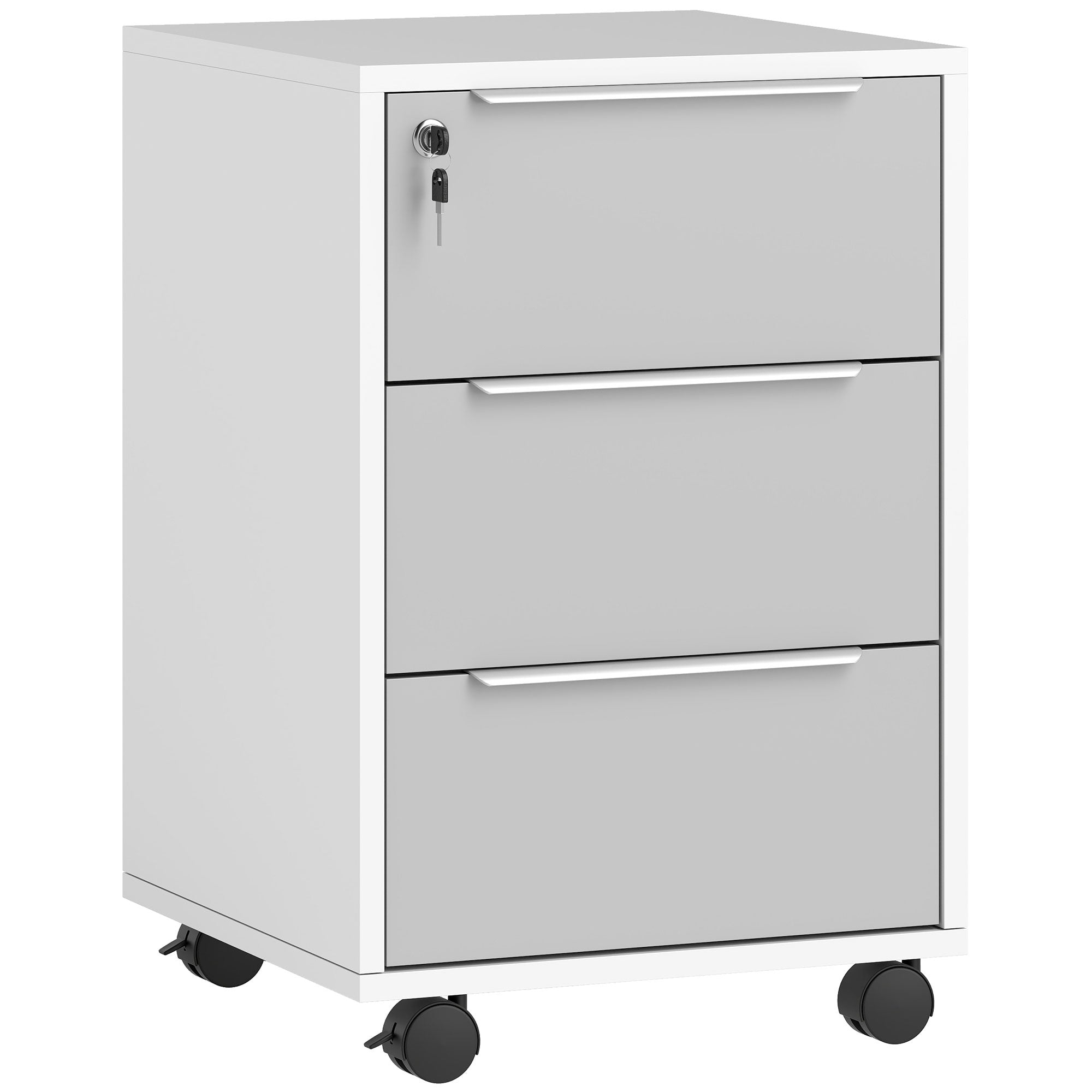Schedario per Ufficio a 3 Cassetti con Chiavi di Sicurezza e 4 Ruote, in Legno, 40x40x63.5 cm, Bianco e Grigio