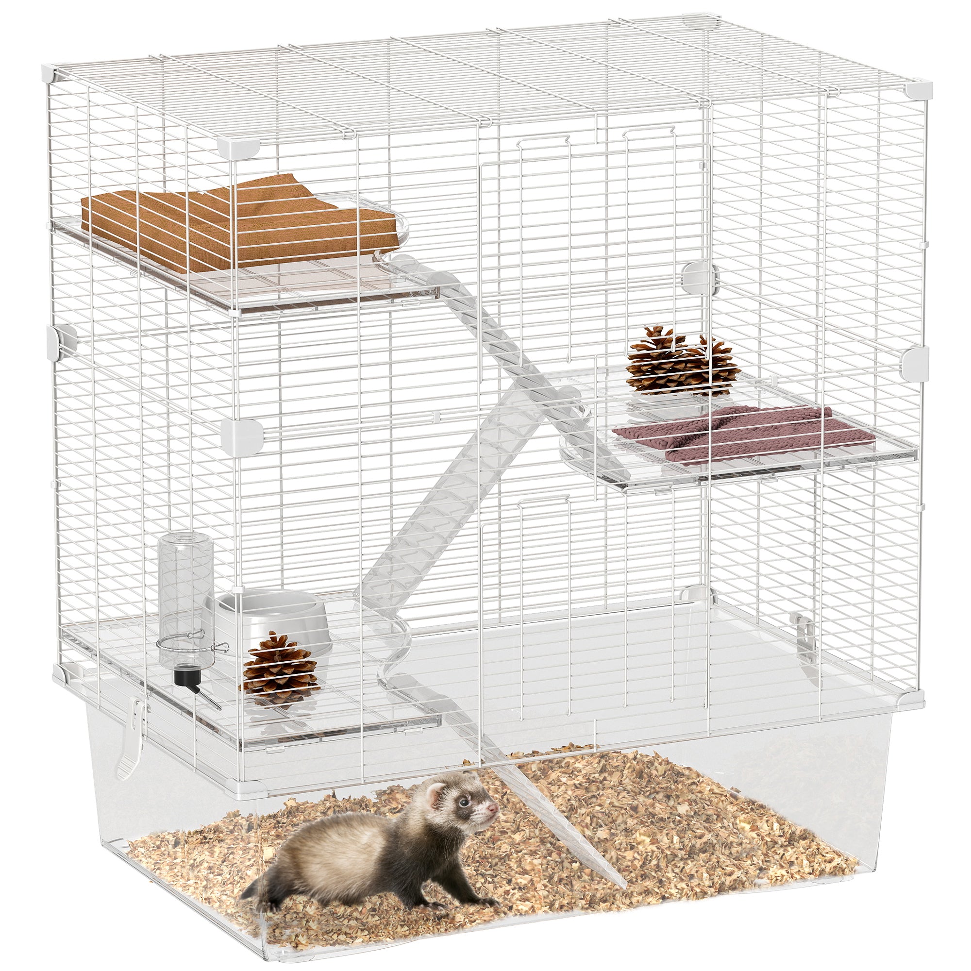 Cușcă pentru rozătoare pe mai multe niveluri cu accesorii incluse, din oțel, PET și PS, 73x47x80 cm, alb