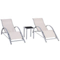 Set de 2 Șezlonguri și Măsuță cu Blat din Sticlă, 59x169x66 cm, Crem