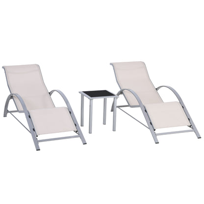 Set de 2 Șezlonguri și Măsuță cu Blat din Sticlă, 59x169x66 cm, Crem
