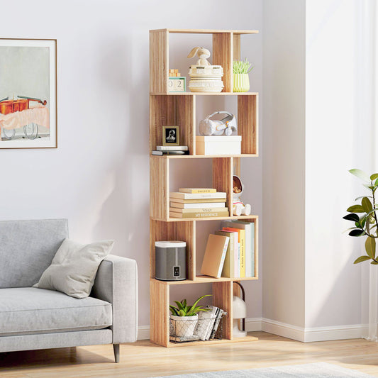 Bibliotecă din lemn cu 5 rafturi și separator, 60x24x184,5 cm, culoare lemn