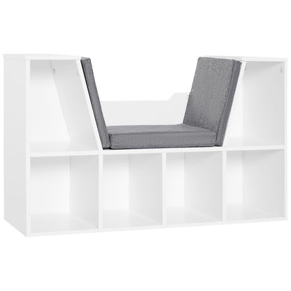 Bibliotecă 2 în 1 cu 6 secțiuni, cu perne moi, din lemn, spumă și poliester, 102x30x61 cm, alb