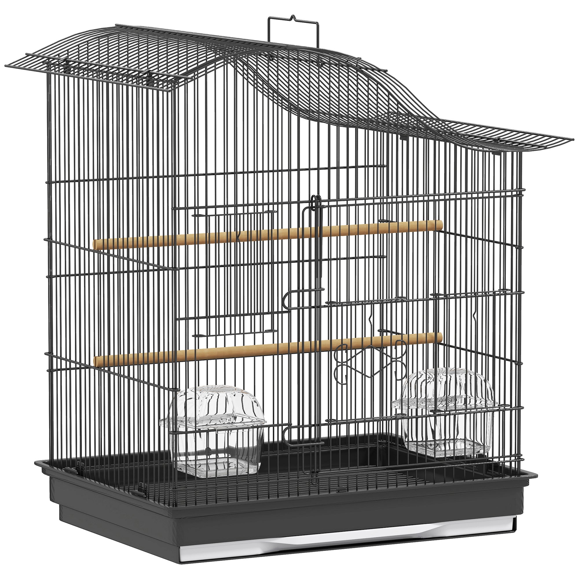 Cușcă pentru Păsări cu 4 Accesuri, 2 Boluri, 2 Stinghii și Tavă Detașabilă, Volieră din Metal și Plastic, 47,5x36x54,5 cm, Negru