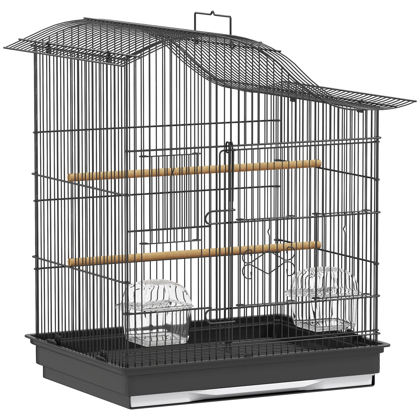 Cușcă pentru Păsări cu 4 Accesuri, 2 Boluri, 2 Stinghii și Tavă Detașabilă, Volieră din Metal și Plastic, 47,5x36x54,5 cm, Negru