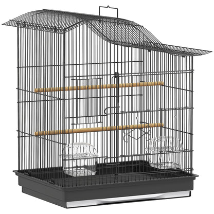 Cușcă pentru Păsări cu 4 Accesuri, 2 Boluri, 2 Stinghii și Tavă Detașabilă, Volieră din Metal și Plastic, 47,5x36x54,5 cm, Negru