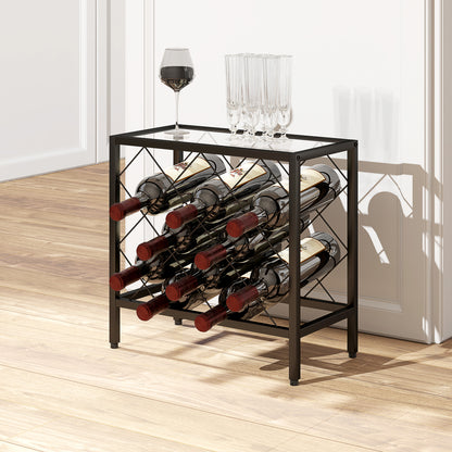 Suport pentru Sticle de Vin cu Blat din Sticlă Securizată și Cadru din Oțel, 41x22x41 cm, Negru