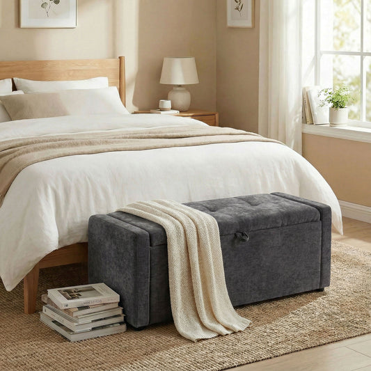 , Bancă de depozitare, suport pentru picioare, Material textil cu efect de in, 122 x 48 x 44 cm, Gri Închis