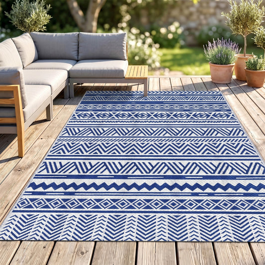 Covor pentru Exterior 182x274 cm Reversibil, Covor Pliabil din Polipropilen 310 g/m² Albastru si Alb