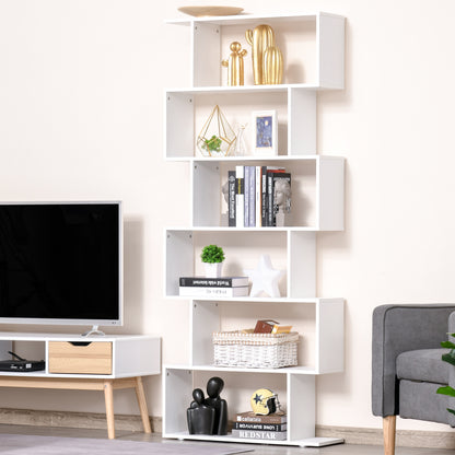 Bibliotecă Modernă cu 6 Rafturi, Design în Formă de S, Raft de Depozitare din Lemn pentru Living sau Birou, 80x24x191cm, Alb