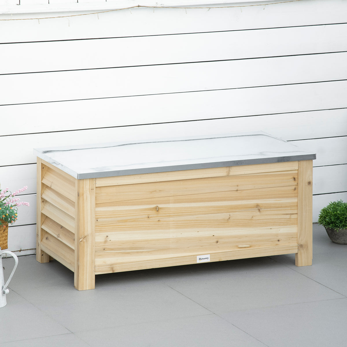Ladă de Exterior de 155L din Lemn cu Capac din Metal și 2 Amortizoare, 110x50x50 cm, culoare Lemn
