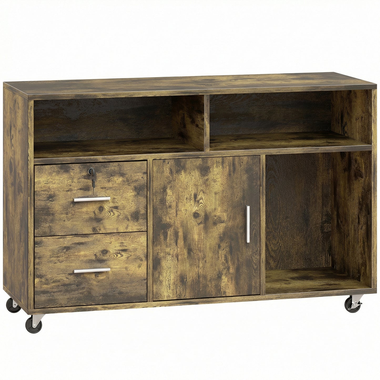 Dulap pentru Imprimantă pe Roți cu 2 Sertare cu Încuietoare, 3 Rafturi și Dulap, Dulap pentru Documente de Birou și Studio, 100x35x65 cm, Maro Rustic