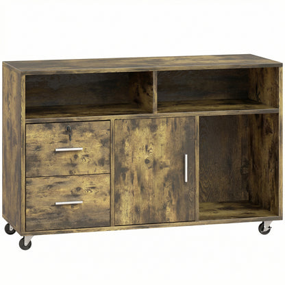 Dulap pentru Imprimantă pe Roți cu 2 Sertare cu Încuietoare, 3 Rafturi și Dulap, Dulap pentru Documente de Birou și Studio, 100x35x65 cm, Maro Rustic
