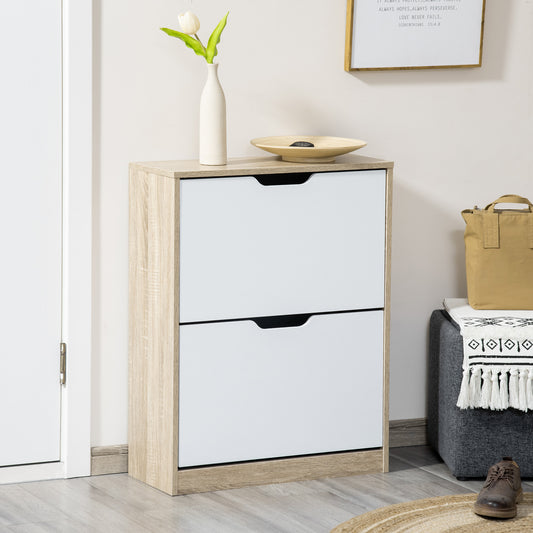 Dulap pentru Pantofi Slim, Economisitor de Spațiu, cu 2 Sertare pentru 8 Perechi de Pantofi, 62.5x26x81 cm, Lemn și Alb
