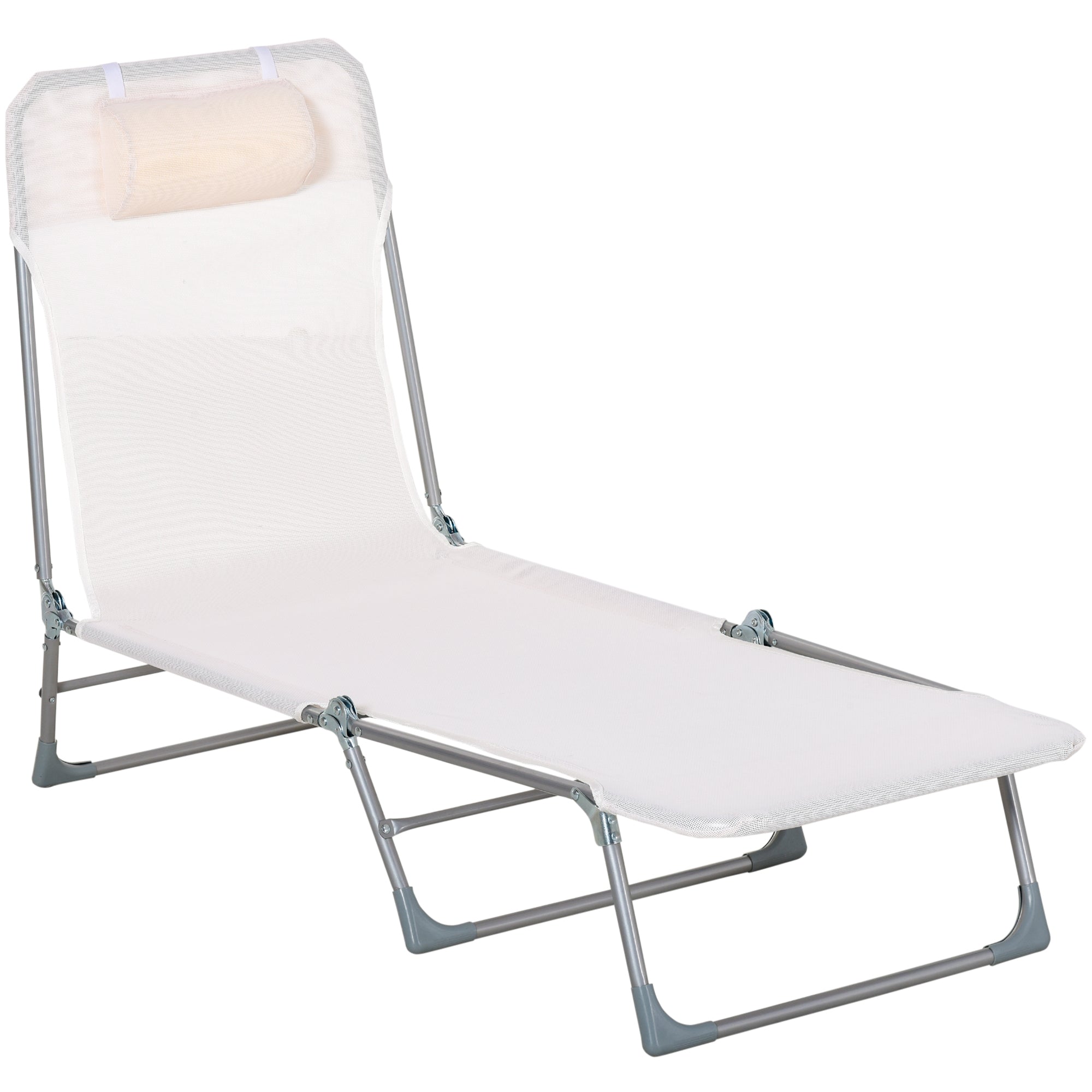 Șezlong Pliabil cu Spătar Reglabil în 5 Poziții și Pernă, Șezlong de Grădină cu Material Textil Respirabil, pentru Plajă, Piscină, Grădină, 182x56x28 cm, Crem