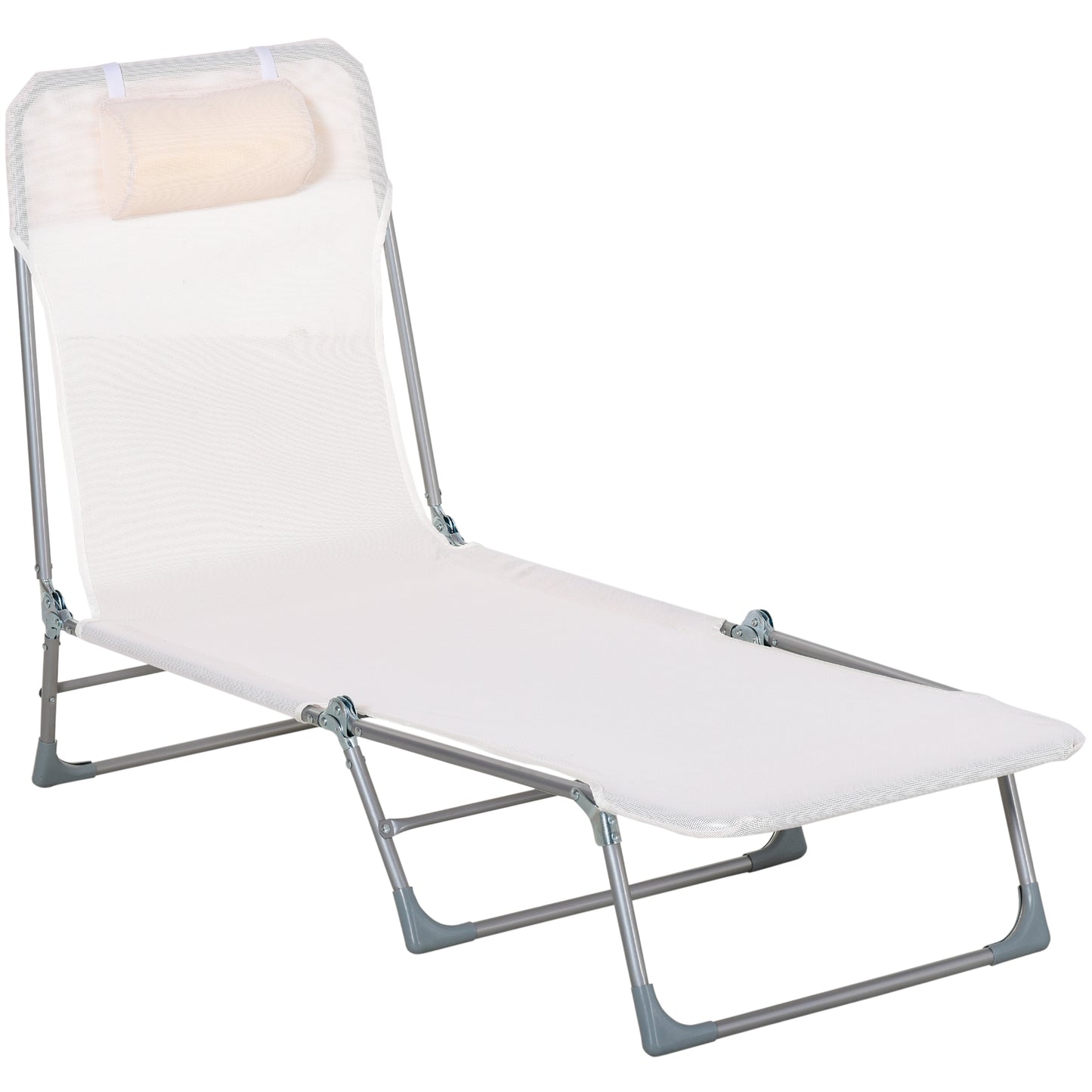 Șezlong Pliabil cu Spătar Reglabil în 5 Poziții și Pernă, Șezlong de Grădină cu Material Textil Respirabil, pentru Plajă, Piscină, Grădină, 182x56x28 cm, Crem