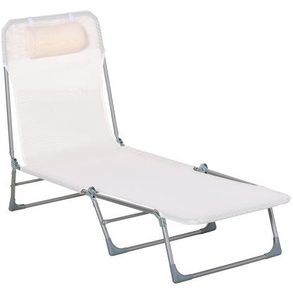 Șezlong Pliabil cu Spătar Reglabil în 5 Poziții și Pernă, Șezlong de Grădină cu Material Textil Respirabil, pentru Plajă, Piscină, Grădină, 182x56x28 cm, Crem