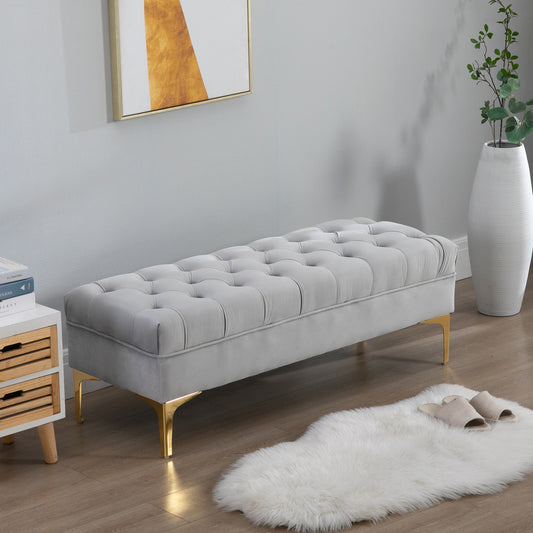 Bancă Capitonată din Țesătură Catifelată pentru Dormitor & Hol, Bancă Elegantă la Capătul Patului cu Picioare Metalice