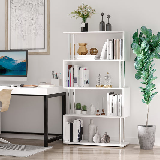 Bibliotecă de Design Modern cu 4 Rafturi, Etajeră Divizoare și Organizator pentru Cărți, 80x30x145cm, Alb