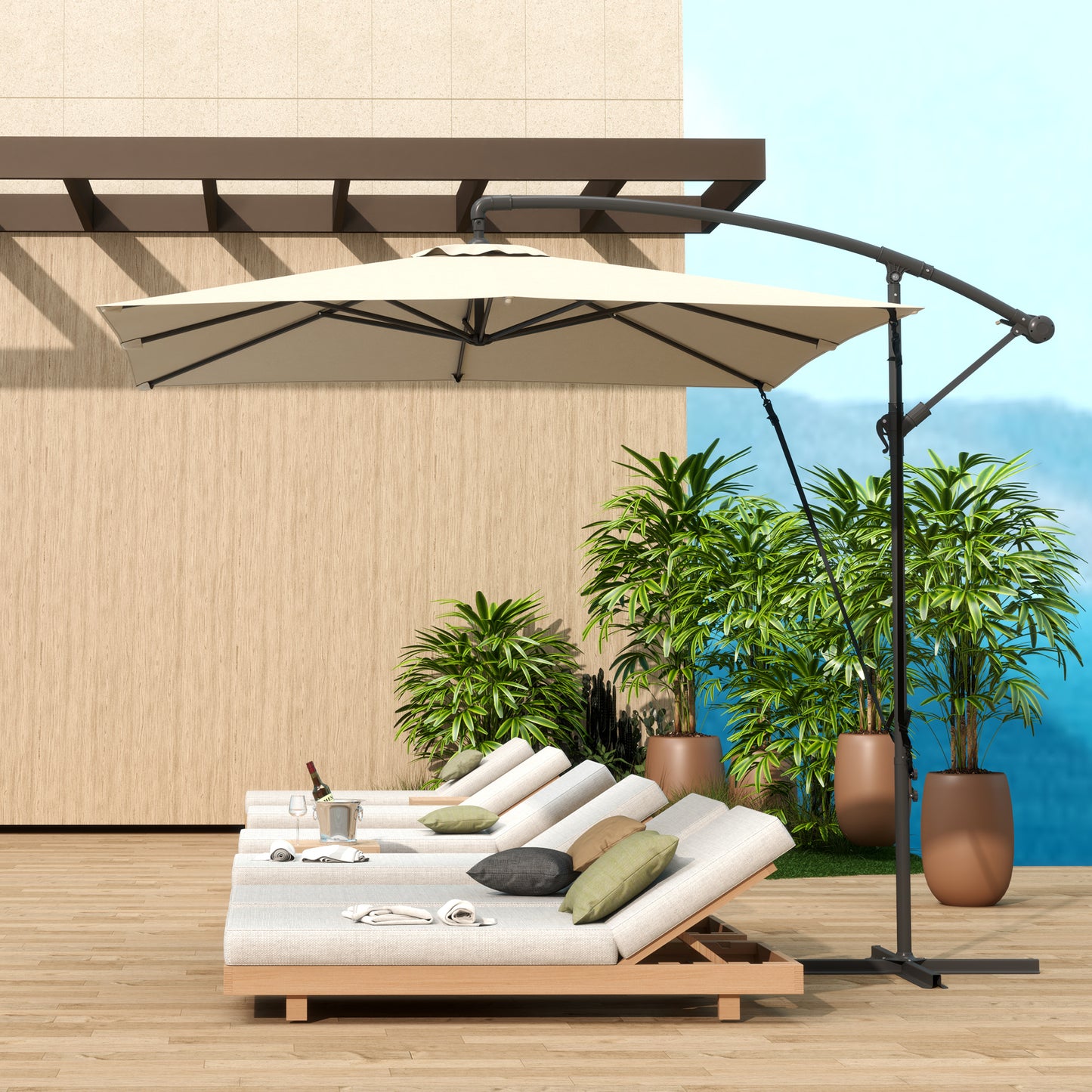 Umbrelă de Grădină Suspendată 2.47x2.47 m, Umbrelă de Exterior cu Bază în Cruce, Corzi Antivânt, Bej