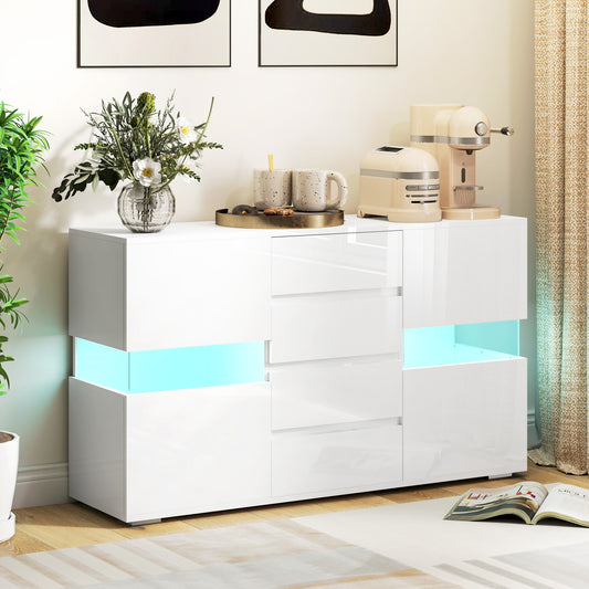 Bufet cu Lumini LED Reglabile prin Telecomandă, Mobilier de Sufragerie cu 4 Sertare și 2 Dulapuri, 120x34x70 cm, Alb