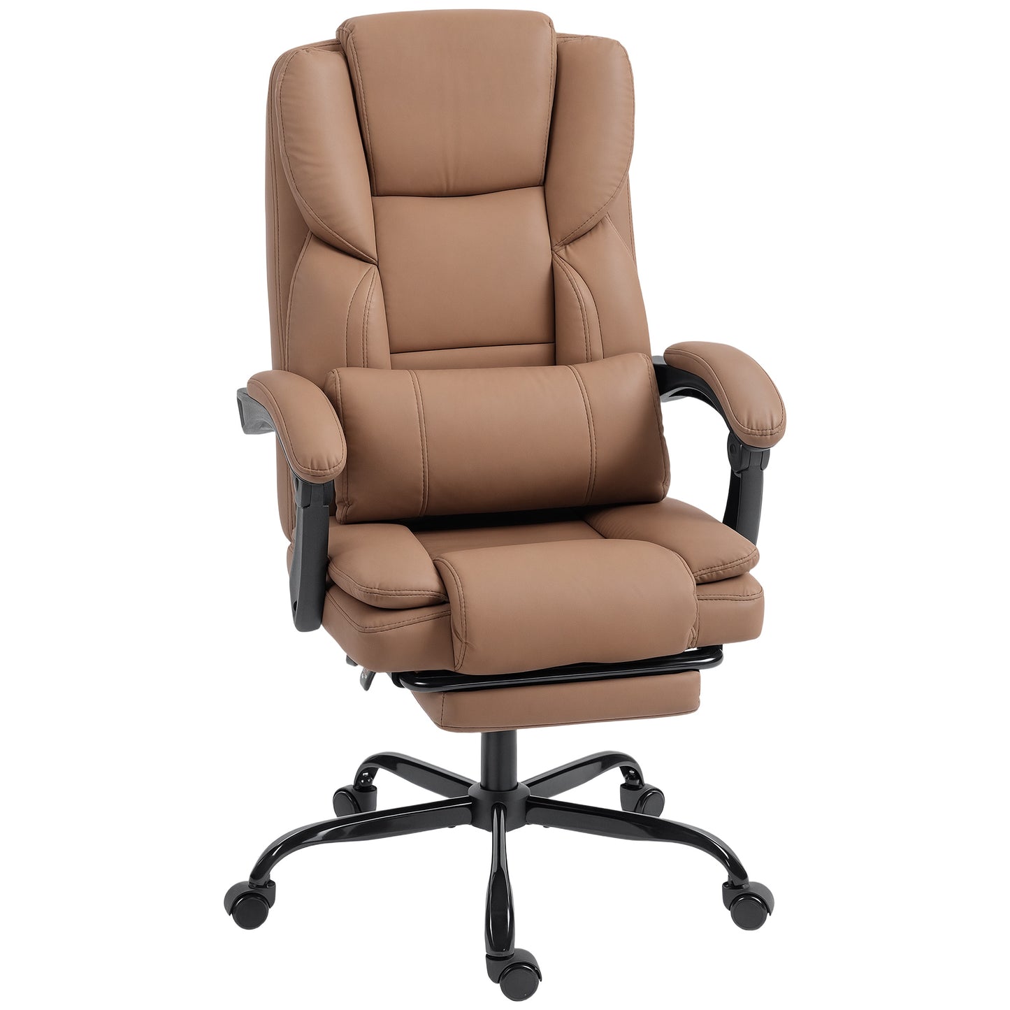 Scaun de Birou Ergonomic Reclinabil 140° cu Suport pentru Picioare și Pernă, Scaun de Birou din Piele Ecologică Rezistentă, Ușor de Curățat, Cotiere Căptușite, Rotativ și Reglabil pe Înălțime, Maro