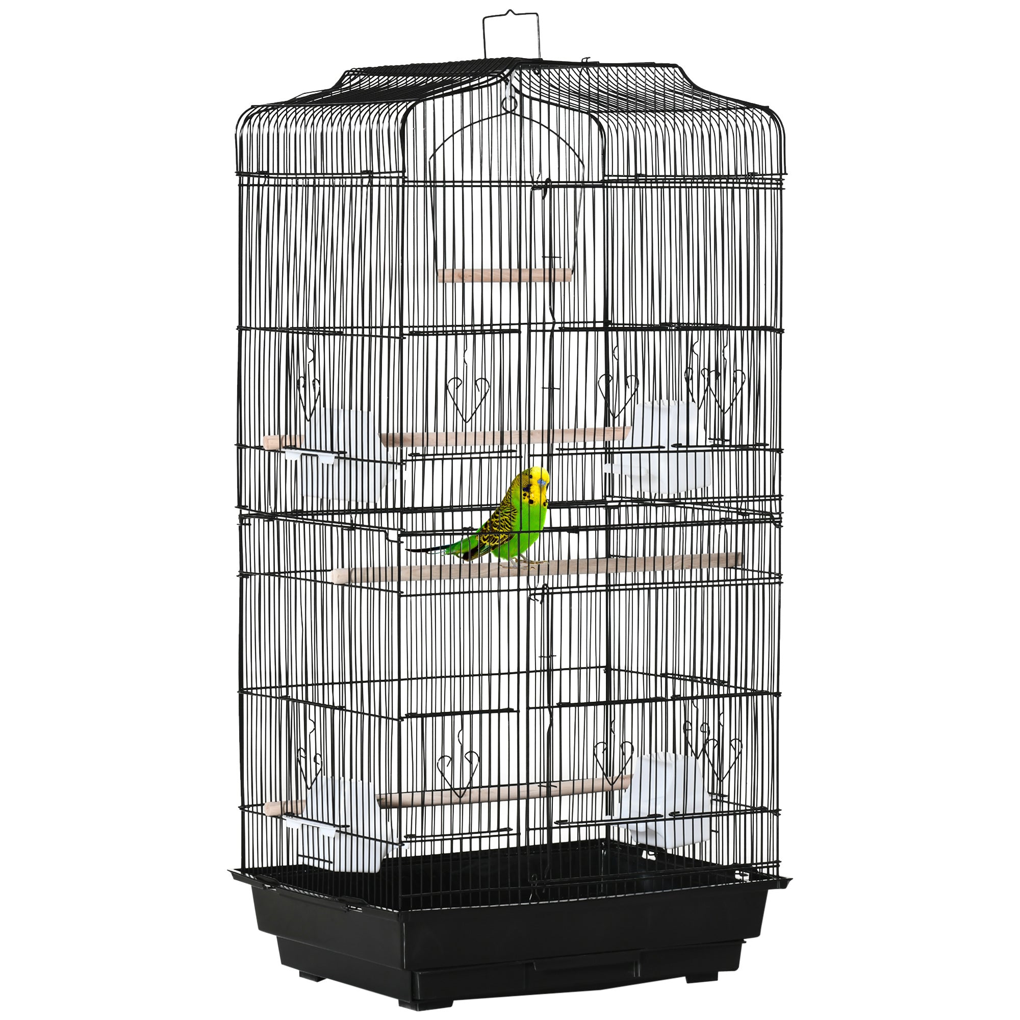 Colivie pentru pasari cu Stinghii, Leagan si boluri, Voliera din Metal si Plastic, 46.5x35.5x92 cm, Negru
