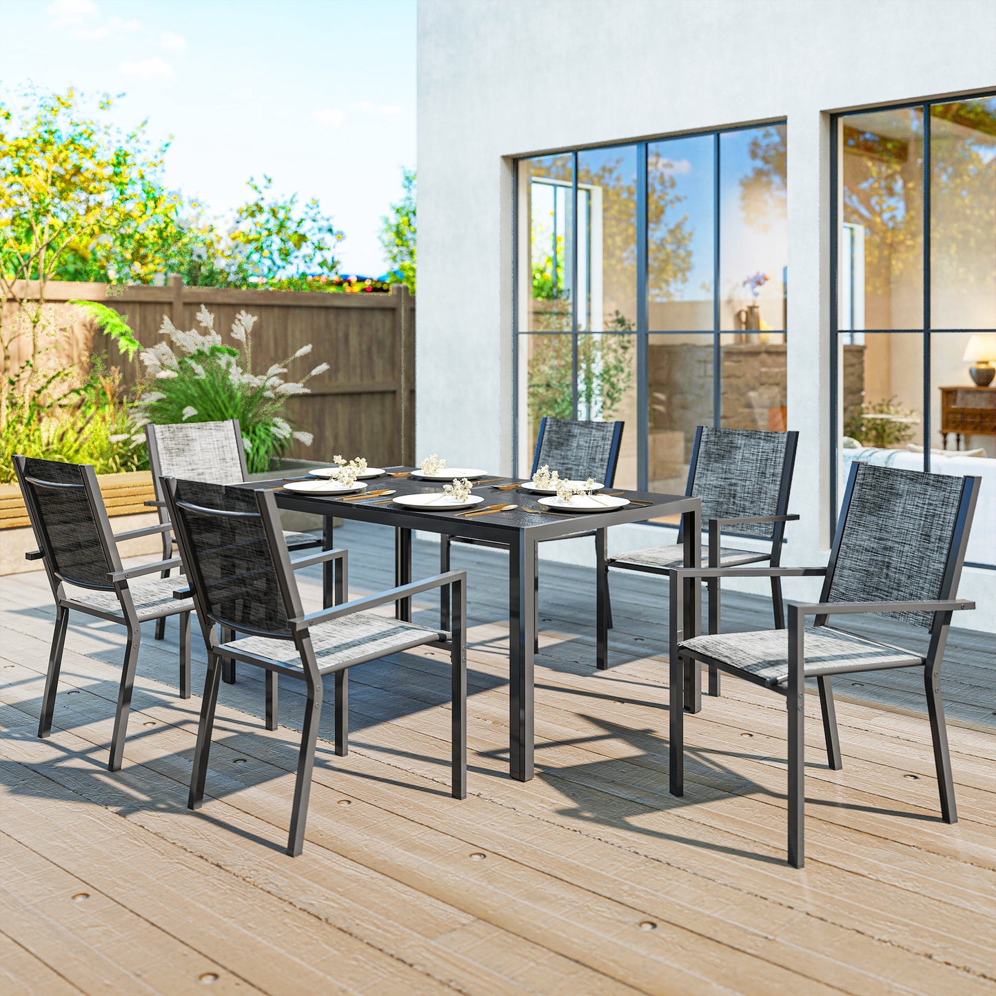 Set Masă de Grădină cu Scaune, 7 Piese, Set de Prânz cu Masă cu Blat din Lemn Compozit cu Șipci și 6 Scaune de Exterior Stivuibile, Mobilier din Oțel cu Texteline, Gri și Negru
