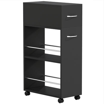 Cărucior de Bucătărie cu 2 Rafturi Deschise, Sertar și Balustrade, Lemn și Oțel Inoxidabil, 25x50x85 cm, Negru