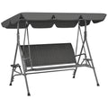 Balansoar de Grădină 3 Locuri din Ratan PE cu Acoperiș Reglabil și Suporturi pentru Pahare, Balansoar de Exterior cu Cadru din Oțel, Capacitate 320 kg, 204x112x150 cm, Gri