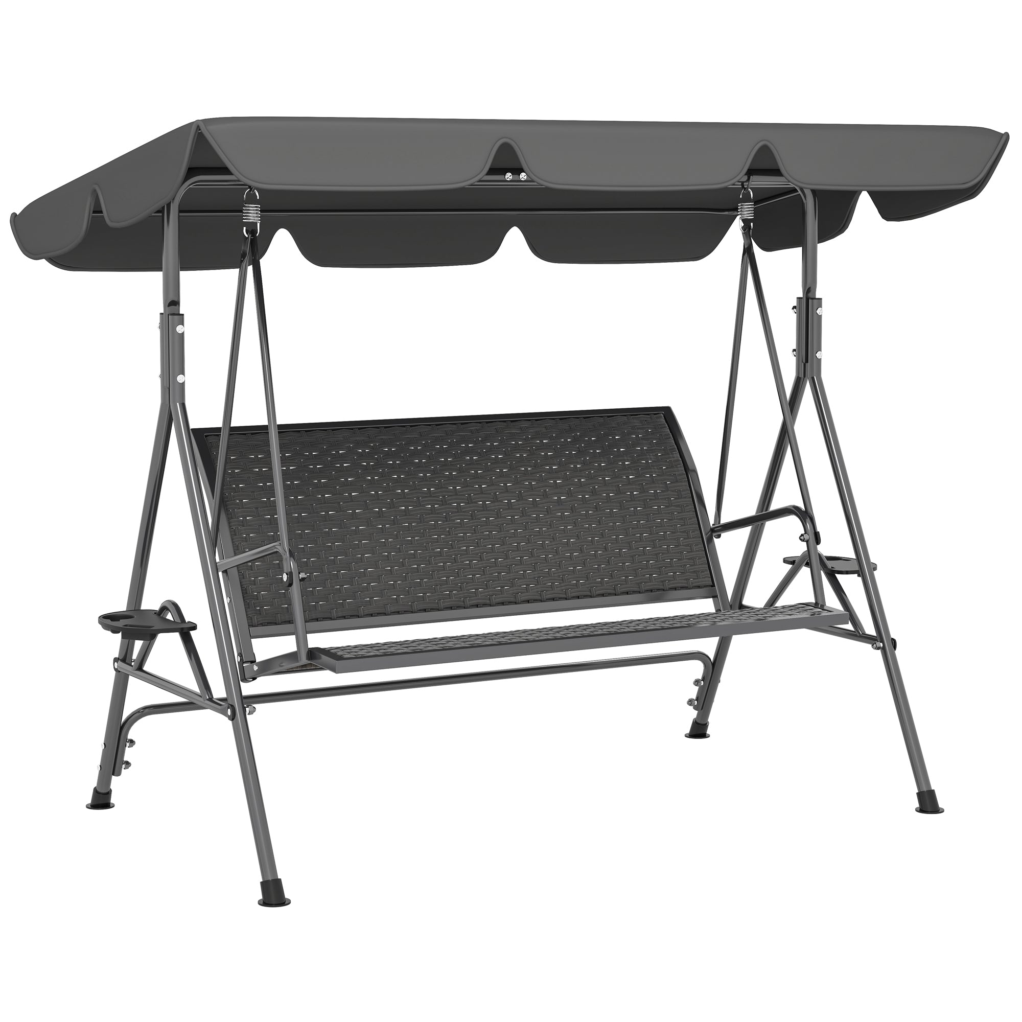 Balansoar de Grădină 3 Locuri din Ratan PE cu Acoperiș Reglabil și Suporturi pentru Pahare, Balansoar de Exterior cu Cadru din Oțel, Capacitate 320 kg, 204x112x150 cm, Gri