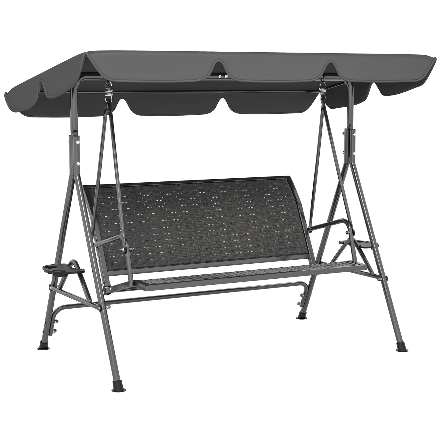 Balansoar de Grădină 3 Locuri din Ratan PE cu Acoperiș Reglabil și Suporturi pentru Pahare, Balansoar de Exterior cu Cadru din Oțel, Capacitate 320 kg, 204x112x150 cm, Gri