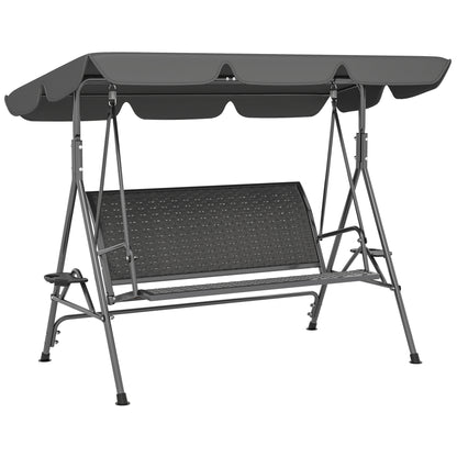 Balansoar de Grădină 3 Locuri din Ratan PE cu Acoperiș Reglabil și Suporturi pentru Pahare, Balansoar de Exterior cu Cadru din Oțel, Capacitate 320 kg, 204x112x150 cm, Gri