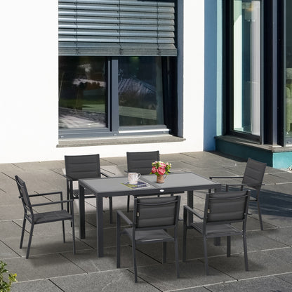 Set de Gradina din Aluminiu 7 Piese cu Masa Dreptunghiulara Extensibila si 6 Scaune de Exterior cu Sezuta din Plasa Respirabila, Gri